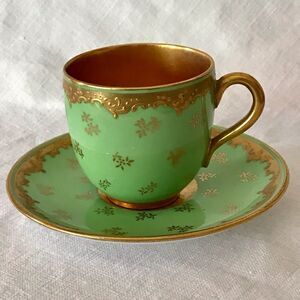 Coalport England Green Gold Gilt Embossed Trim Floral Demitasse Cup & Saucer Set
